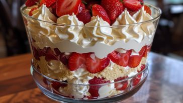 Layered strawberry trifle with fresh strawberries, whipped cream, sponge cake, and custard in a glass bowl, topped with strawberry slices.