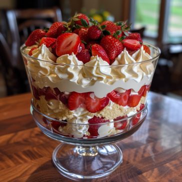 Layered strawberry trifle with fresh strawberries, whipped cream, sponge cake, and custard in a glass bowl, topped with strawberry slices.