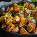 A baking tray of golden roasted potatoes tossed in spicy seasoning, garnished with chopped parsley and served with a creamy dipping sauce.