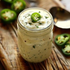 Creamy homemade jalapeño ranch dressing in a bowl, garnished with fresh jalapeño slices and herbs.