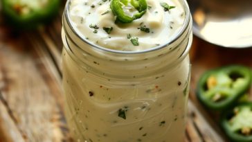 Creamy homemade jalapeño ranch dressing in a bowl, garnished with fresh jalapeño slices and herbs.