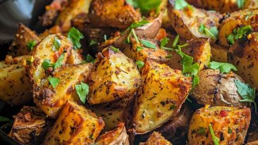 A baking tray of golden roasted potatoes tossed in spicy seasoning, garnished with chopped parsley and served with a creamy dipping sauce.