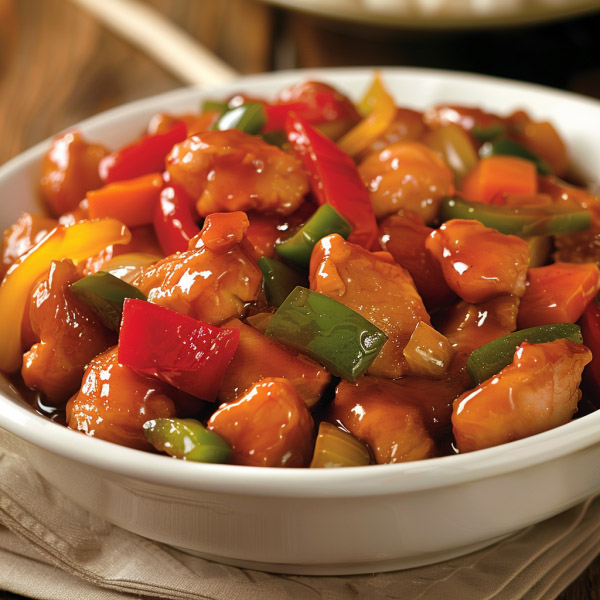 Crispy chicken pieces coated in glossy sweet and sour sauce with bell peppers and pineapple chunks, served over steamed rice.