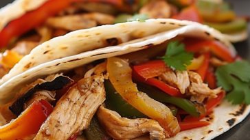 A sizzling skillet of chicken fajitas with strips of chicken, bell peppers, and onions, served with warm tortillas and lime wedges.