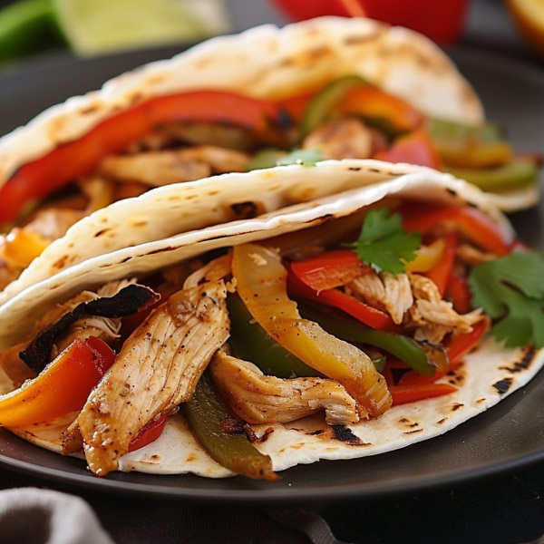 A sizzling skillet of chicken fajitas with strips of chicken, bell peppers, and onions, served with warm tortillas and lime wedges.