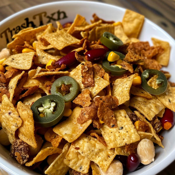 Crunchy Texas trash mix snack with cereal, pretzels, nuts, and crackers coated in a savory seasoned butter mixture.
