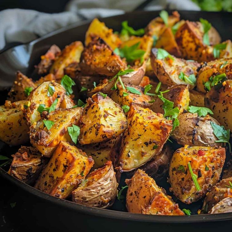 A baking tray of golden roasted potatoes tossed in spicy seasoning, garnished with chopped parsley and served with a creamy dipping sauce.