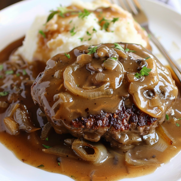 Juicy hamburger steak topped with caramelized onions and rich brown gravy.