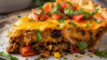 Layered burrito pie with beef, tortillas, beans, and melted cheese.