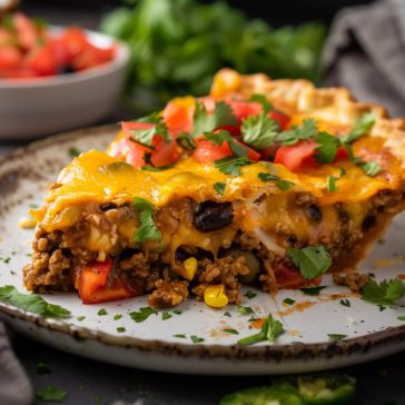 Layered burrito pie with beef, tortillas, beans, and melted cheese.