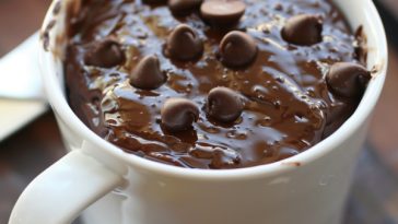 Warm chocolate mug cake cooked in the microwave, soft and rich texture.