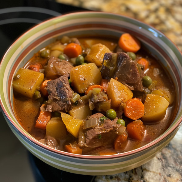 Hearty homemade beef stew with tender beef, carrots, and potatoes in rich broth.