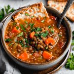 Hearty lentil soup with vegetables in a warm, savory broth.
