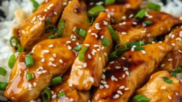 Teriyaki chicken glazed with shiny sauce, served with rice and vegetables.