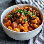Classic goulash with pasta, ground beef, and rich tomato sauce.