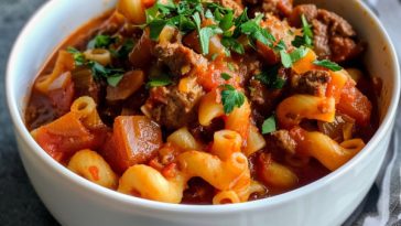 Classic goulash with pasta, ground beef, and rich tomato sauce.