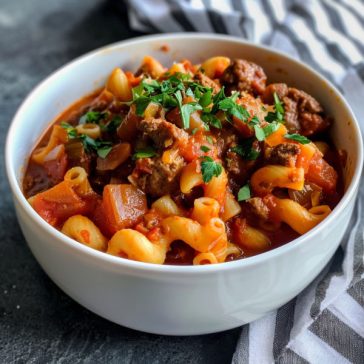 Classic goulash with pasta, ground beef, and rich tomato sauce.