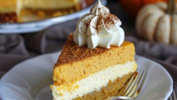 Double layer pumpkin cheesecake with creamy pumpkin and cheesecake filling.
