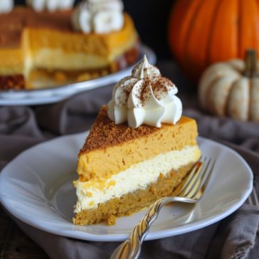 Double layer pumpkin cheesecake with creamy pumpkin and cheesecake filling.