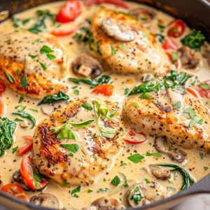 Creamy Tuscan chicken with spinach and sun-dried tomatoes in garlic sauce.