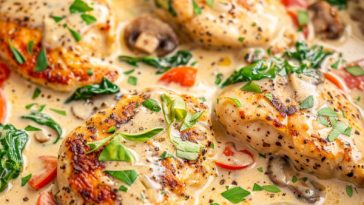 Creamy Tuscan chicken with spinach and sun-dried tomatoes in garlic sauce.