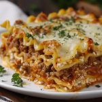 Classic lasagna with layers of pasta, meat sauce, and melted cheese.
