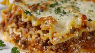Classic lasagna with layers of pasta, meat sauce, and melted cheese.