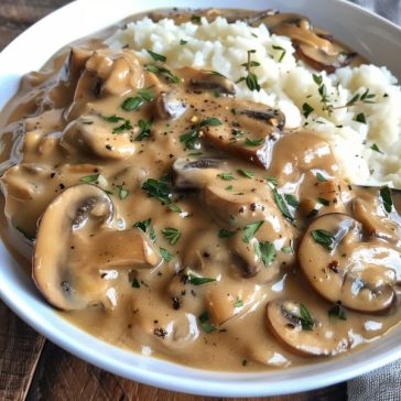 Homemade mushroom gravy in a saucepan with fresh herbs