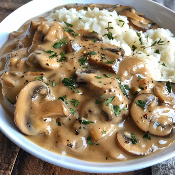 Homemade mushroom gravy in a saucepan with fresh herbs