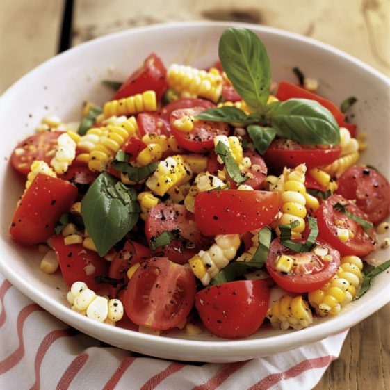 Fresh corn and tomato salad with juicy cherry tomatoes, sweet corn kernels, herbs, and a light vinaigrette in a bowl.
