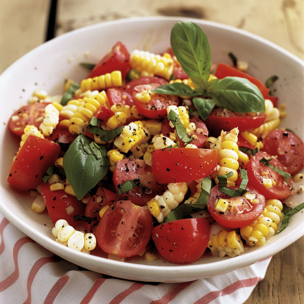 Fresh corn and tomato salad with juicy cherry tomatoes, sweet corn kernels, herbs, and a light vinaigrette in a bowl.