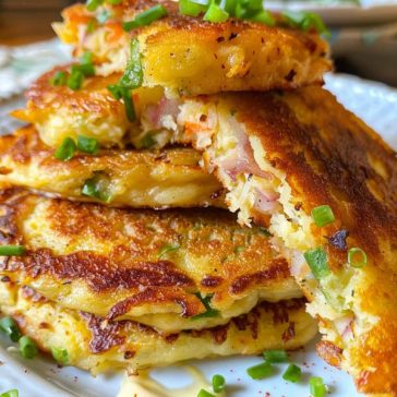 Crispy stuffed potato pancakes with a golden crust and cheesy savory filling, served warm with a creamy dip.