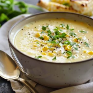 Creamy corn soup served in a bowl, made with sweet corn, herbs, and a rich, comforting broth, topped with fresh parsley.