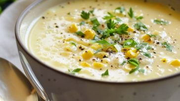 Creamy corn soup served in a bowl, made with sweet corn, herbs, and a rich, comforting broth, topped with fresh parsley.