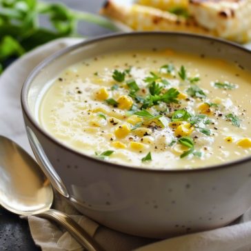 Creamy corn soup served in a bowl, made with sweet corn, herbs, and a rich, comforting broth, topped with fresh parsley.