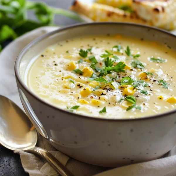 Creamy corn soup served in a bowl, made with sweet corn, herbs, and a rich, comforting broth, topped with fresh parsley.