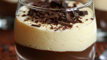 Light vanilla mousse layered with rich chocolate, topped with chocolate shavings and served in a glass dessert cup.