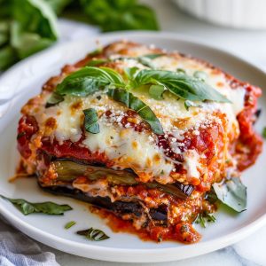 Crispy eggplant parmesan layered with marinara sauce and melted cheese, baked until golden and bubbly.