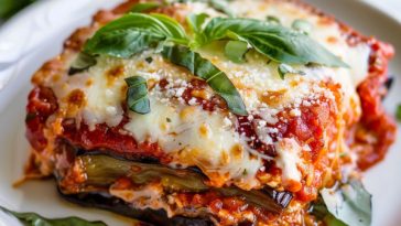 Crispy eggplant parmesan layered with marinara sauce and melted cheese, baked until golden and bubbly.