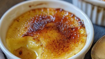 Classic crème brûlée served in a ramekin with a crisp caramelized sugar topping and creamy vanilla custard underneath.