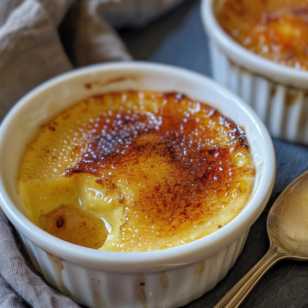 Classic crème brûlée served in a ramekin with a crisp caramelized sugar topping and creamy vanilla custard underneath.