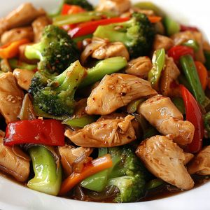 A colorful chicken stir-fry with tender chicken pieces, bell peppers, broccoli, carrots, and snap peas tossed in a savory Asian sauce, served over steamed rice.