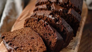Rich chocolate pound cake with a moist crumb, sliced and served with a glossy chocolate glaze.