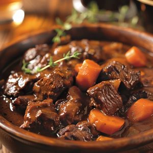 Hearty beef and Guinness stew with tender beef, carrots, and potatoes simmered in a rich dark gravy.