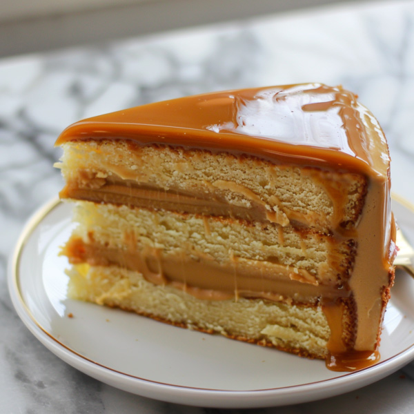 Moist caramel cake layered with rich caramel frosting and drizzled with glossy caramel sauce.