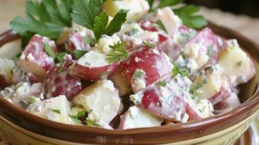 Creamy potato salad made with peeled potatoes, mixed in a rich and tangy dressing.