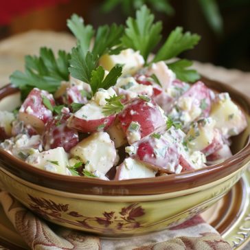 Creamy potato salad made with peeled potatoes, mixed in a rich and tangy dressing.