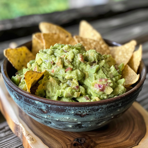 Fresh guacamole made with ripe avocados, lime, and herbs in a bowl.