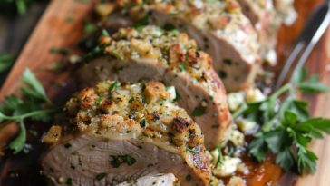 Stuffed pork tenderloin sliced to reveal savory filling inside.