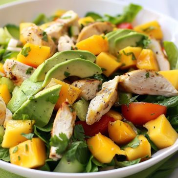 Fresh chicken mango avocado salad with grilled chicken, juicy mango chunks, creamy avocado, mixed greens, and a light dressing.